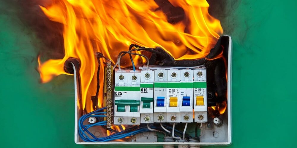 Damaged outdated breaker box with tripped breakers – professional Hot Shot Electric licensed experts diagnose and repair unsafe panels for home safety in Tulsa OK.