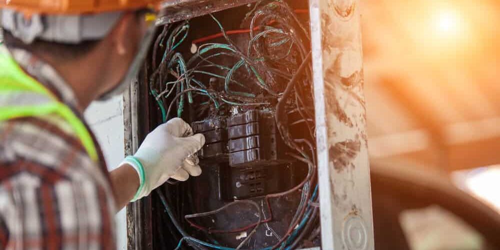 Damaged outdated breaker box with tripped breakers – professional Hot Shot Electric licensed experts diagnose and repair unsafe panels for home safety in Tulsa OK.